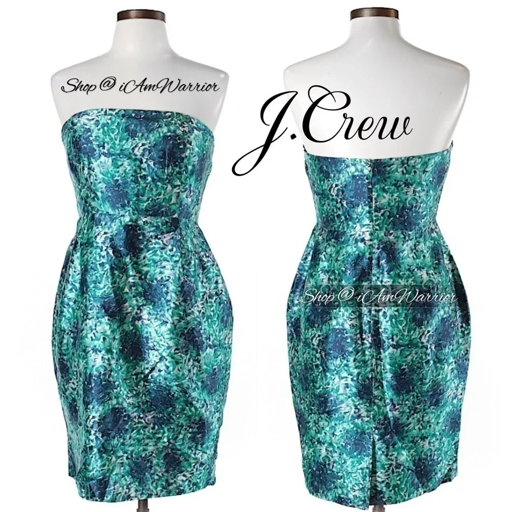 J.Crew Collection teal silk abstract floral strapless dress *shop@iamwarrior